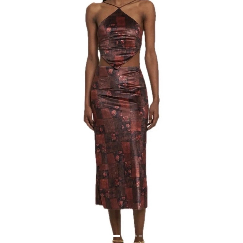 Weworewhat Velvet Patchwork Midi Skirt & Bandana Top Saddle Multi 2 Piece Size S